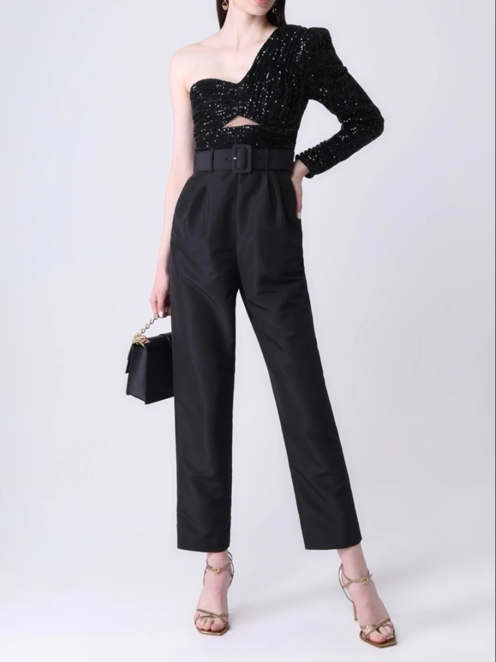 Self-Portrait Black one shoulder Tailored Jumpsuit with Wide Belt Buckle
